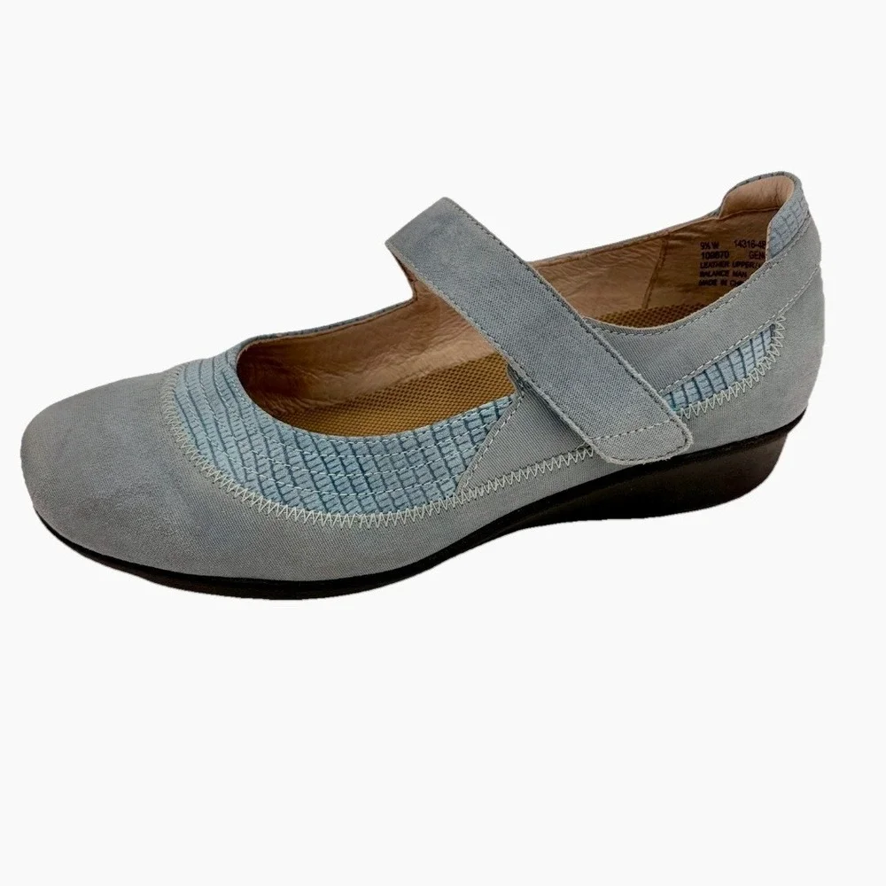 Drew Mary Janes Genoa Flats Women 9.5W WIDE Blue Suede Adjust Comfort Orthopedic